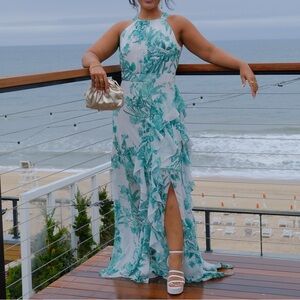 Eliza J printed chiffon gown with illusion hem skirt and ruffle details